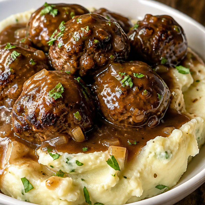 Salisbury Steak Meatballs with Garlic Herb Mashed Potatoes