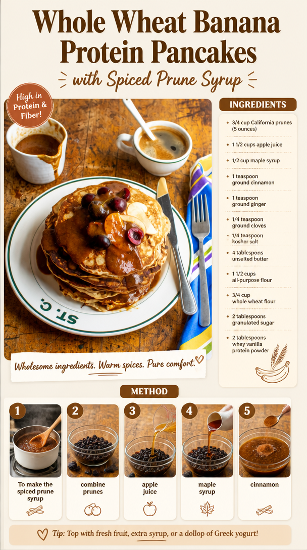 Whole Wheat Banana Protein Pancakes with Spiced Prune Syrup
