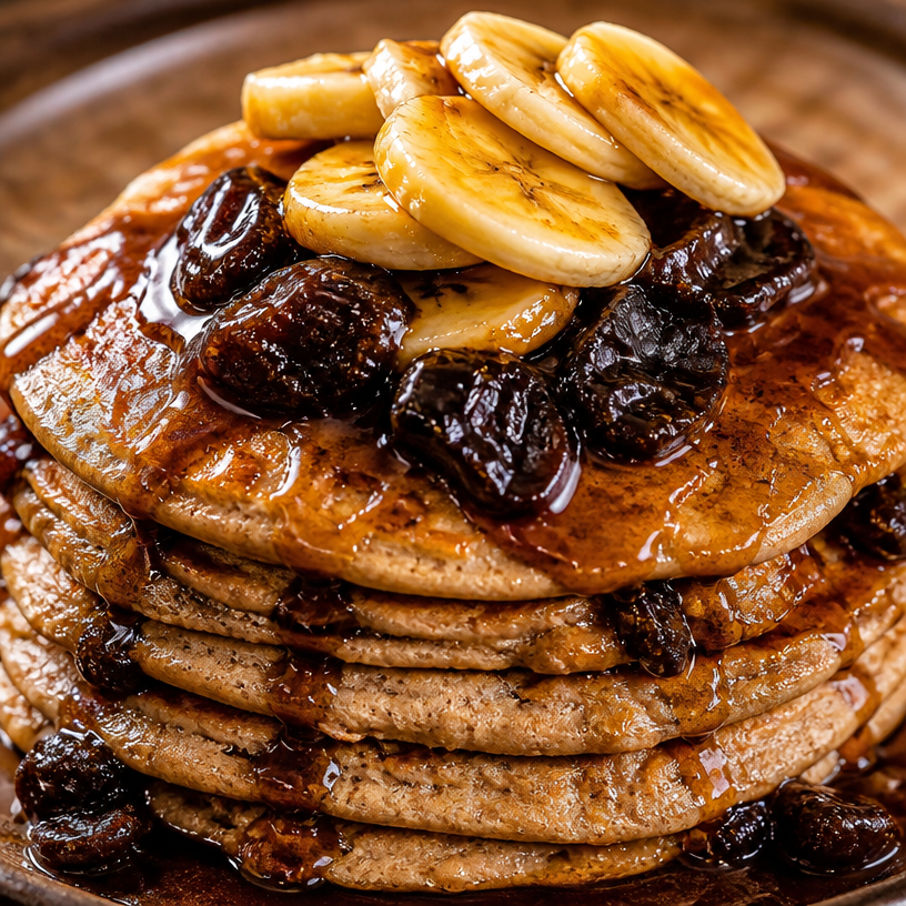 Whole Wheat Banana Protein Pancakes with Spiced Prune Syrup