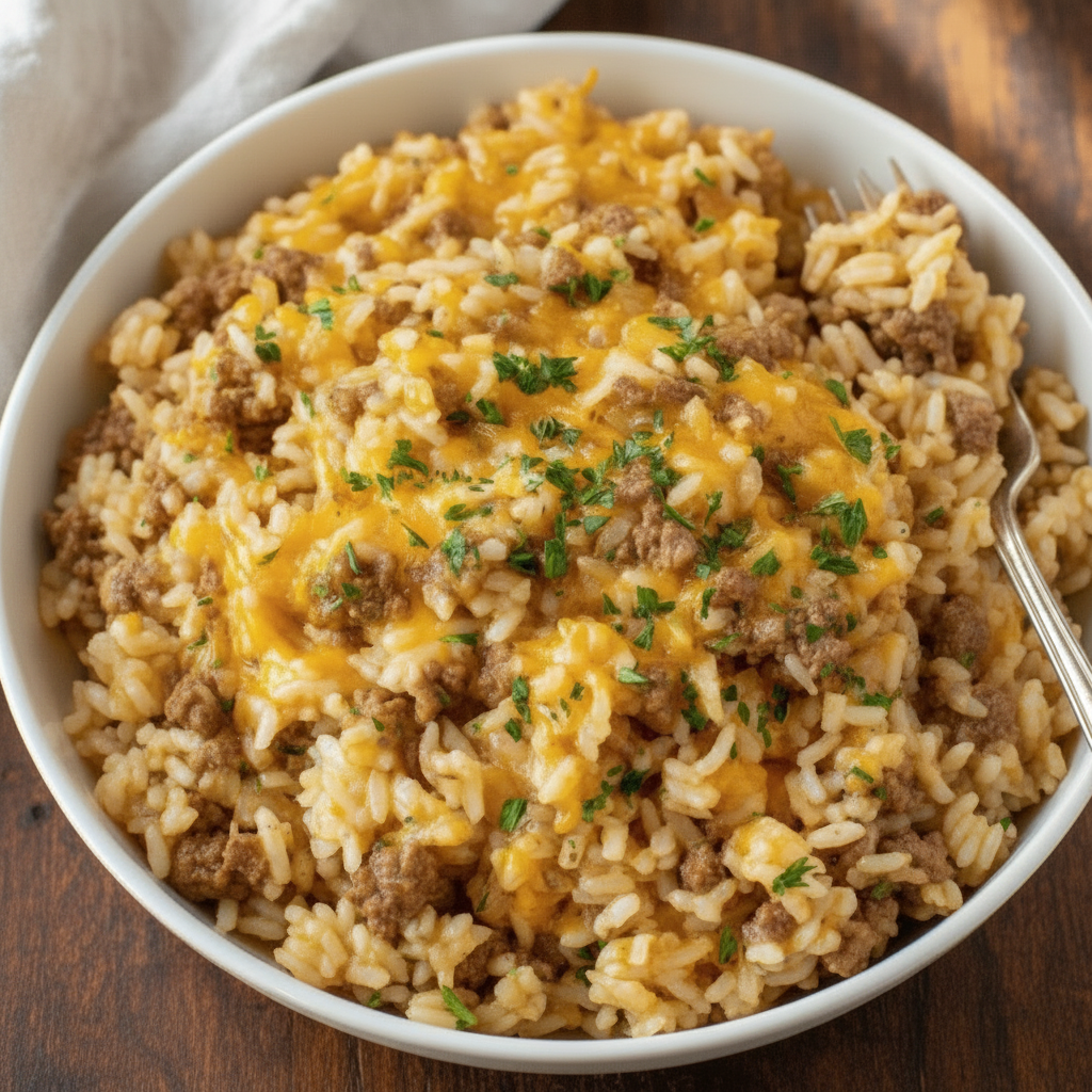Cheesy Ground Beef and Rice Casserole