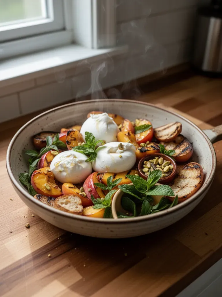 Grilled Peaches with Burrata, Honey, and Pistachios