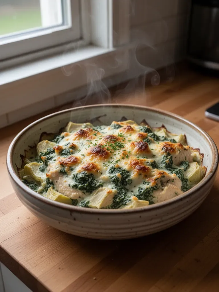 High Protein Spinach Artichoke Chicken Casserole