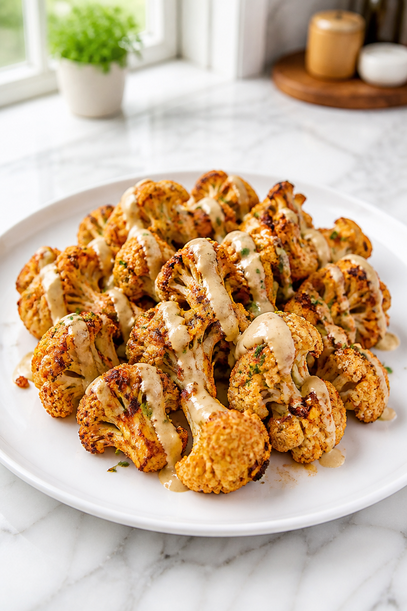 Spicy Roasted Cauliflower with Garlic Tahini Sauce