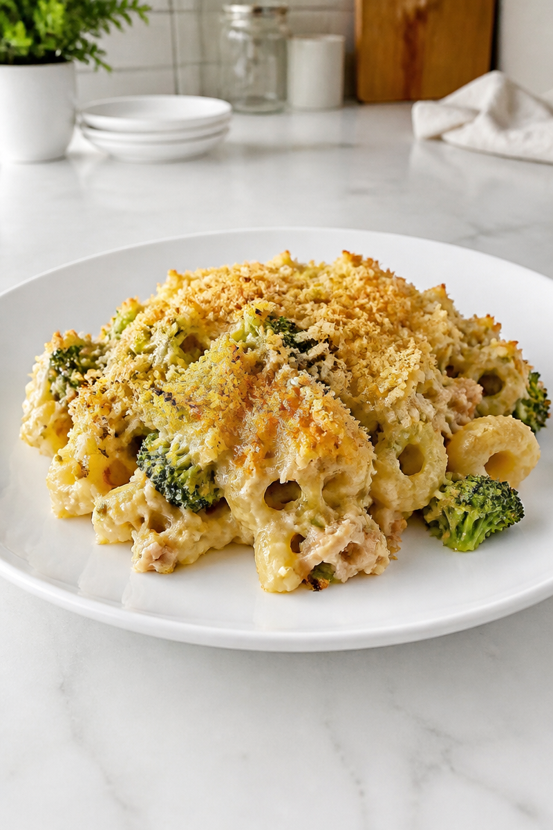 Cheesy Tuna Casserole with Broccoli and Breadcrumb