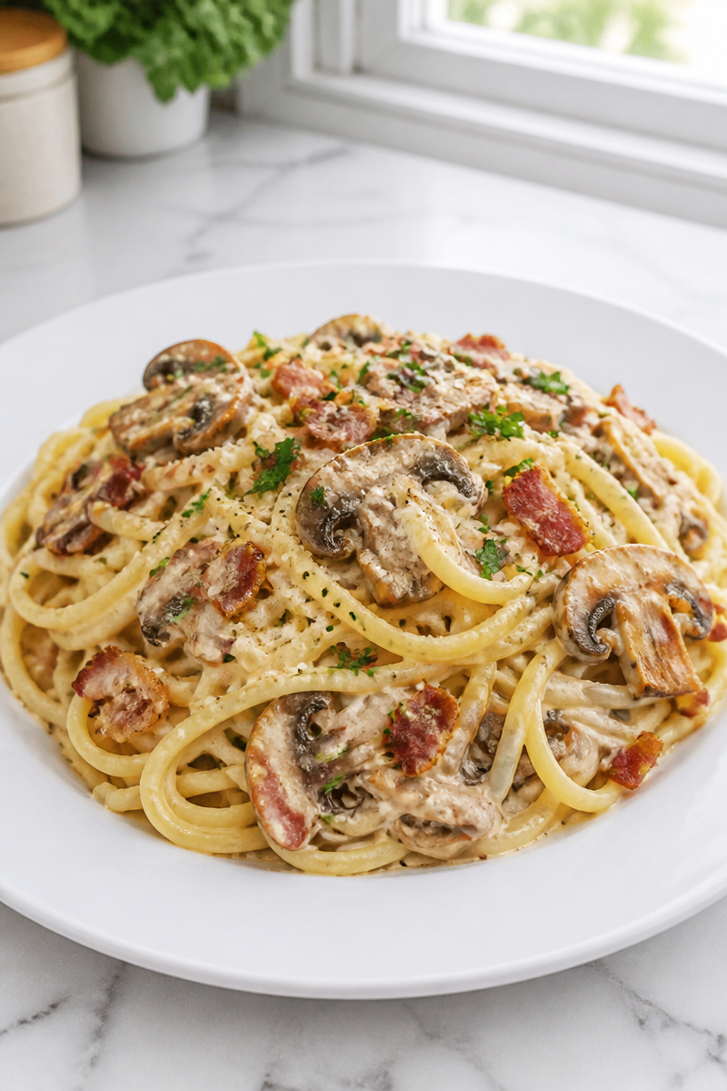 Creamy Mushroom Pasta Carbonara with Bacon