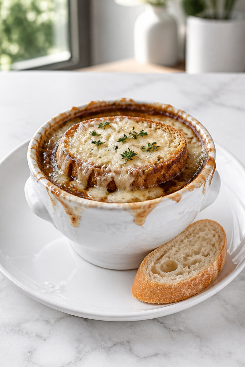 Vegetarian French Onion Soup with Baguette Slice