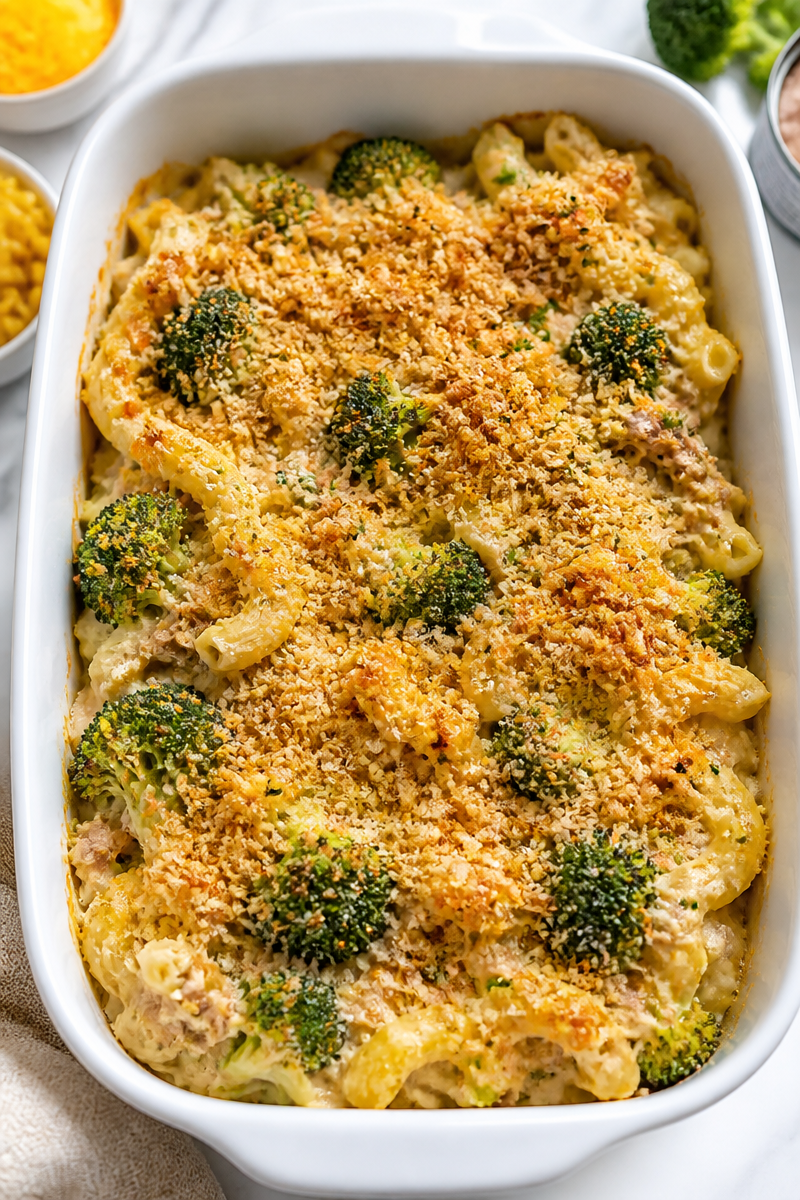 Cheesy Tuna Casserole with Broccoli and Breadcrumb