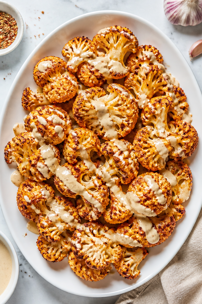 Spicy Roasted Cauliflower with Garlic Tahini Sauce