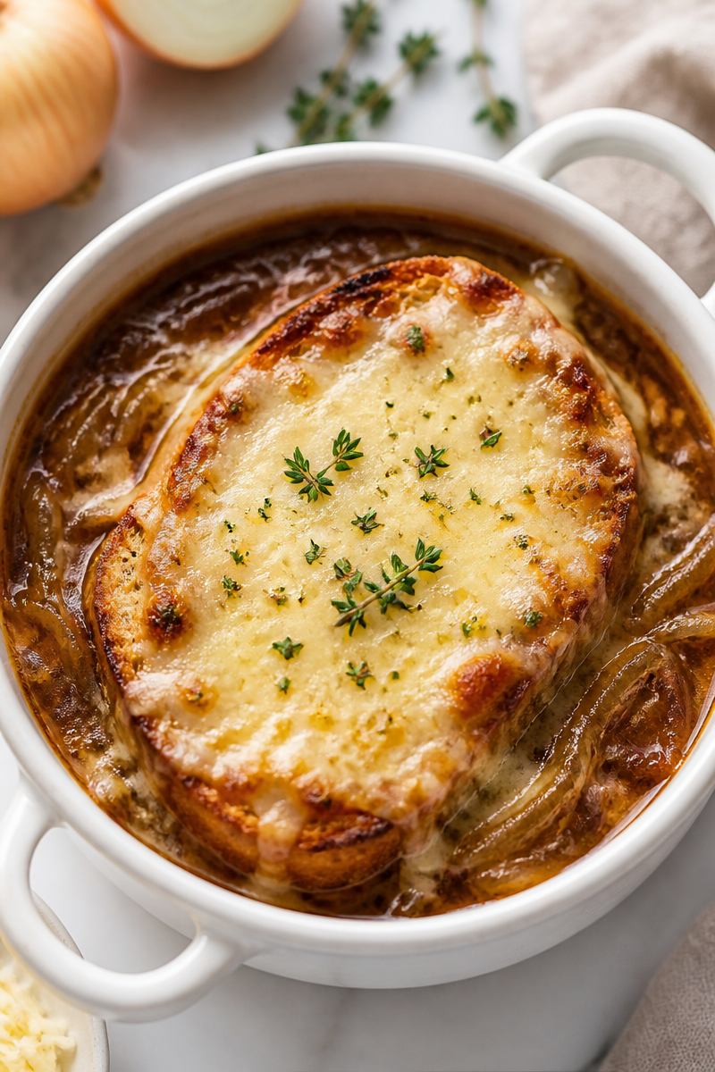 Vegetarian French Onion Soup with Baguette Slice