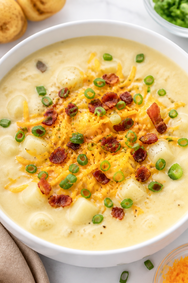 Loaded Baked Potato Soup with Cheddar and Scallion