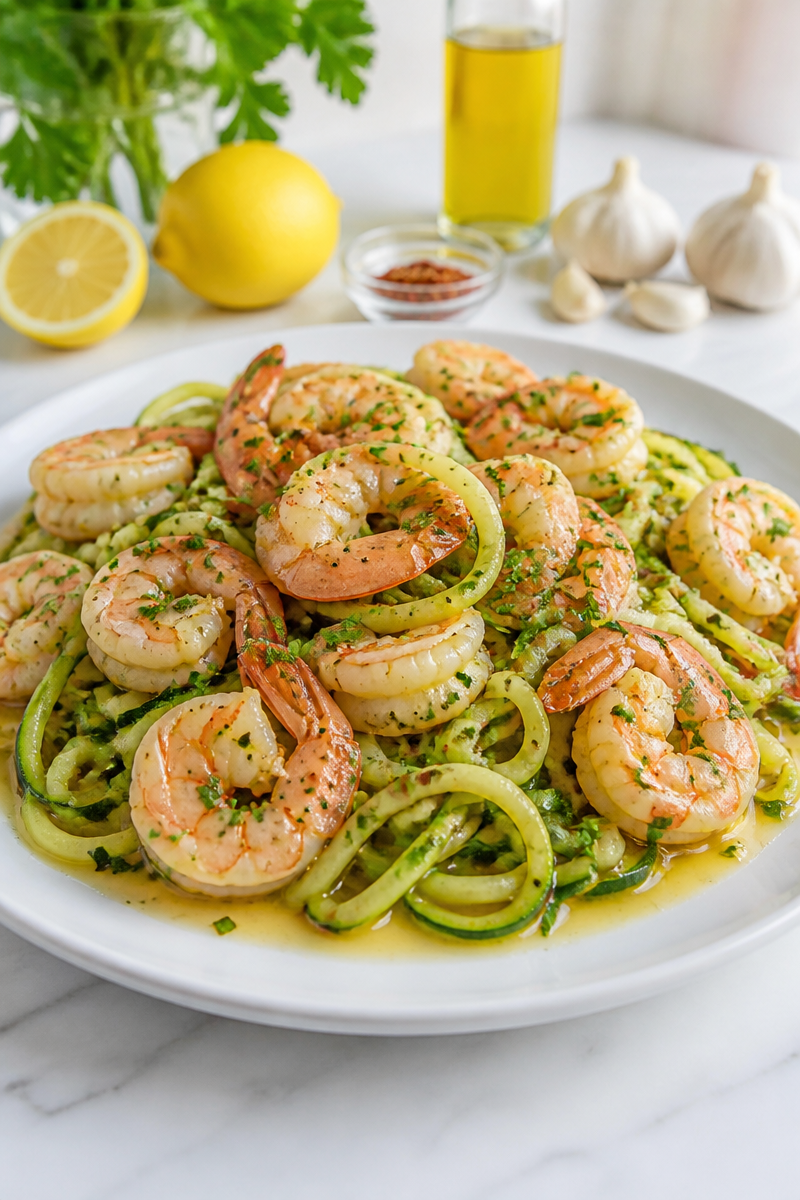 Low Calorie Zucchini Noodle Shrimp Scampi