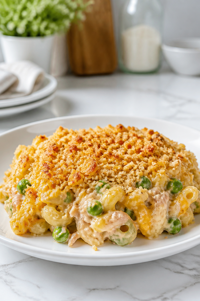 Classic Creamy Tuna Casserole with Crushed Cracker Topping