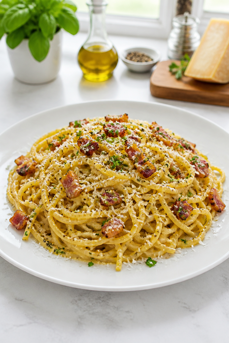 Authentic Pasta Carbonara with Crispy Pancetta