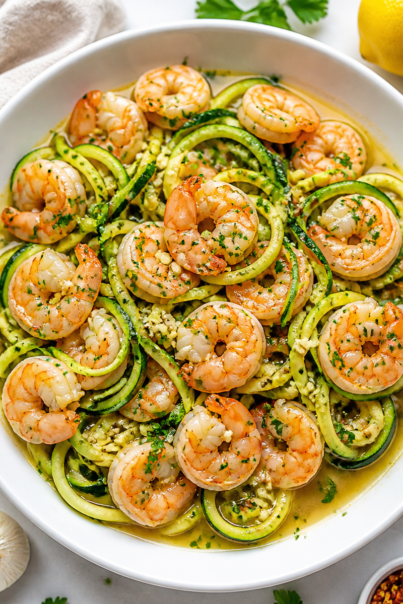 Low Calorie Zucchini Noodle Shrimp Scampi