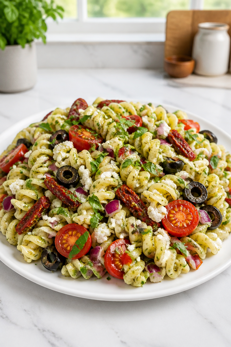 Creamy Pesto Pasta Salad with Sun-Dried Tomato