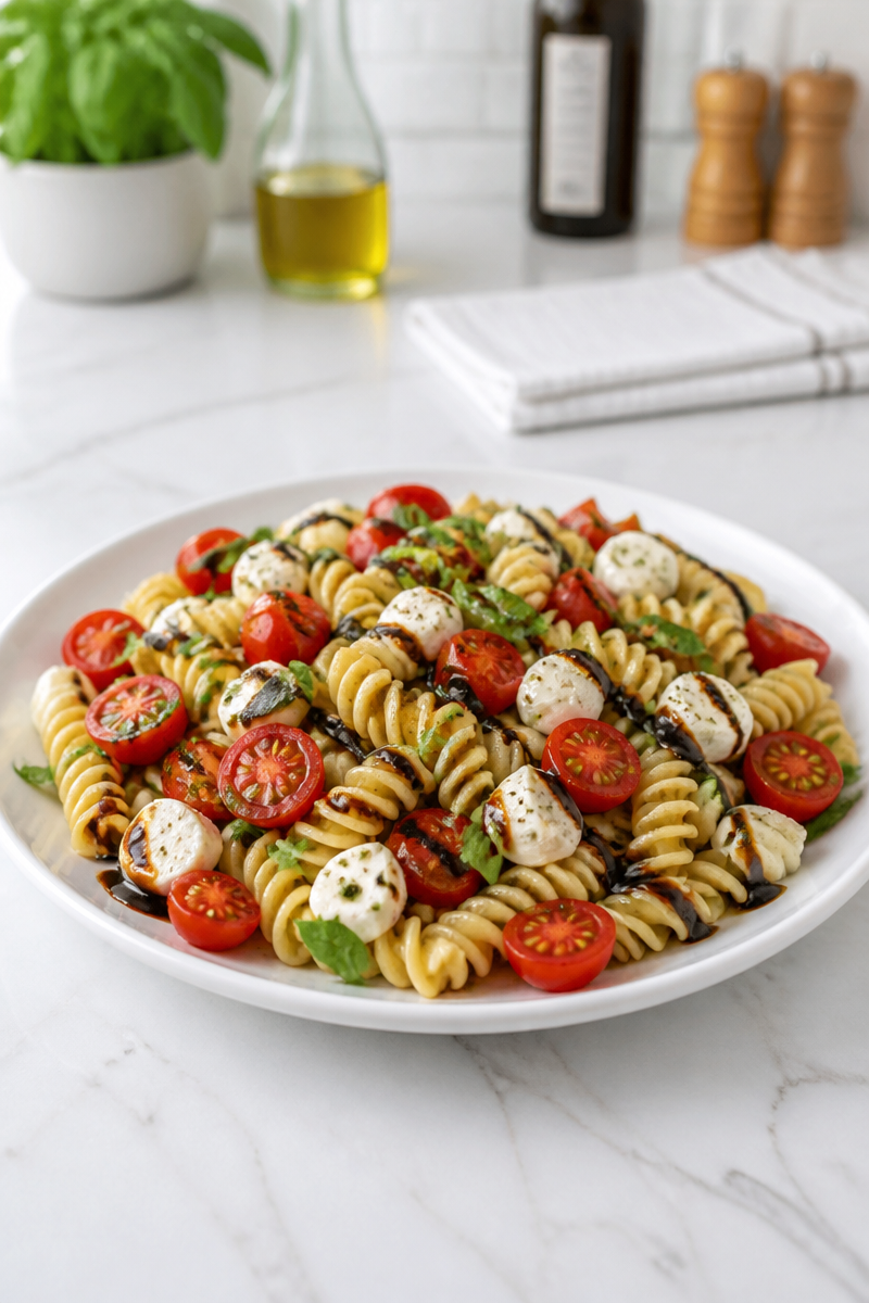 Quick Caprese Pasta Salad with Balsamic Glaze