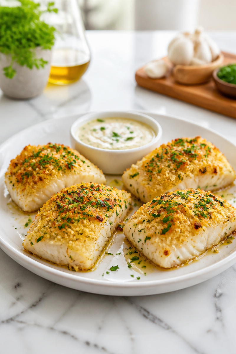 Parmesan Crusted Cod with Garlic Sauce