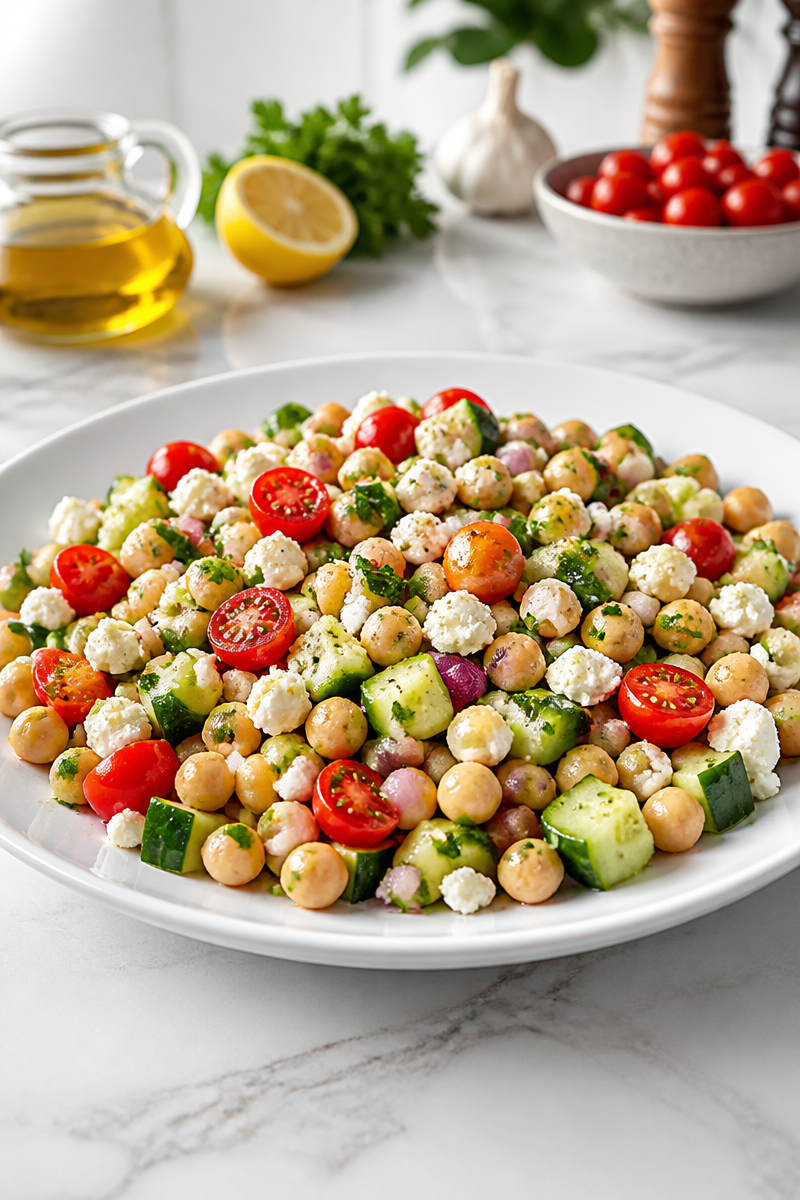 Mediterranean Chickpea Salad with Cucumber and Onion