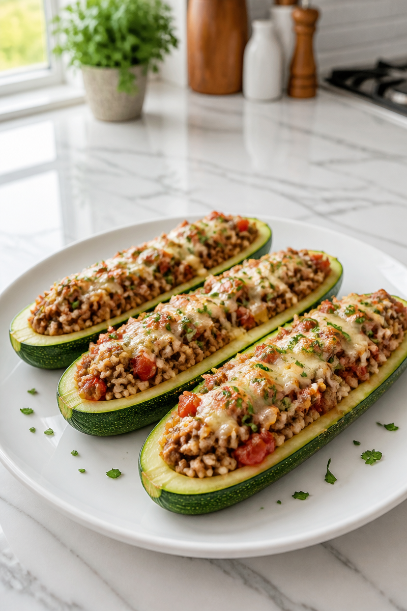 Classic Beef and Rice Stuffed Zucchini Boat