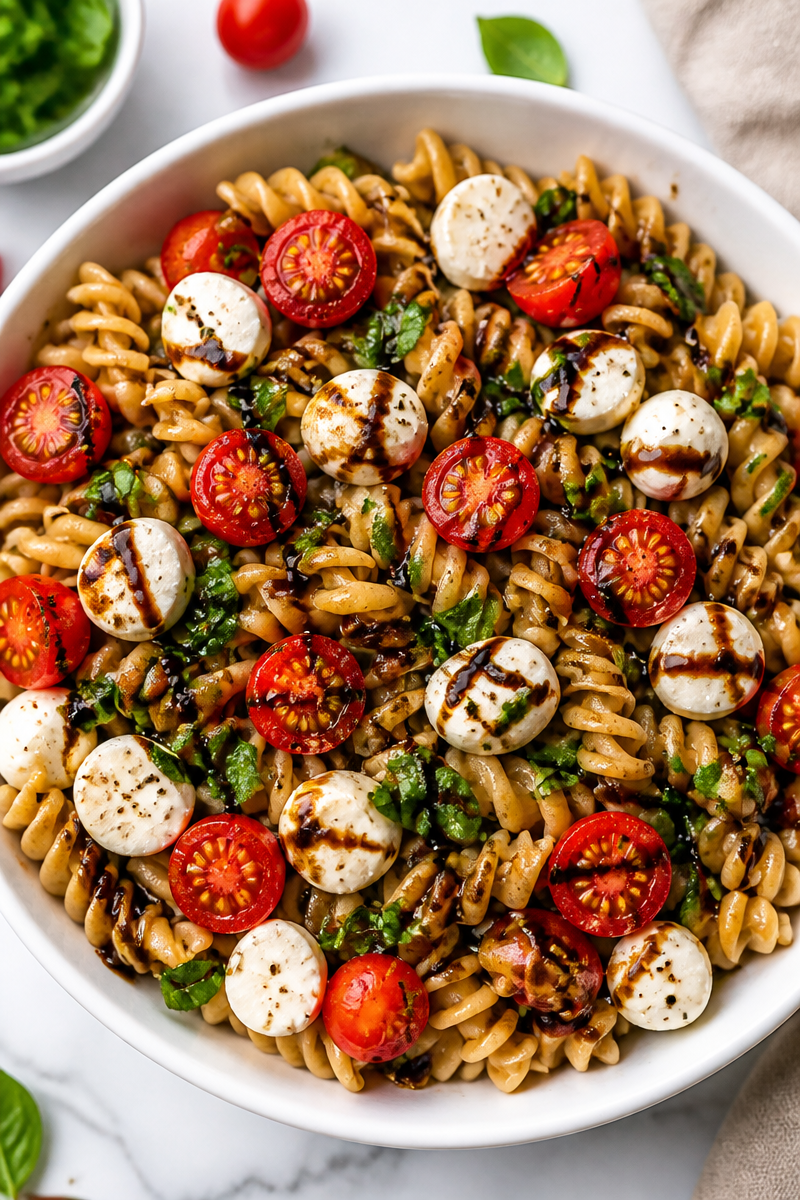 Quick Caprese Pasta Salad with Balsamic Glaze