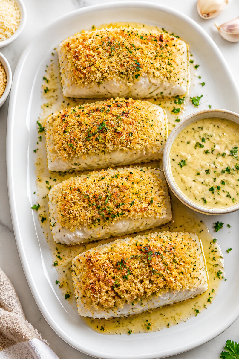 Parmesan Crusted Cod with Garlic Sauce