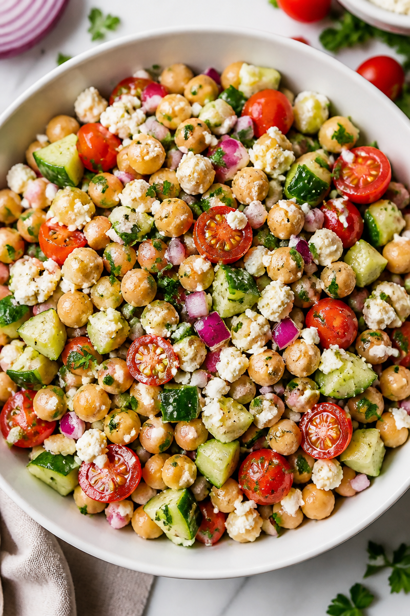 Mediterranean Chickpea Salad with Cucumber and Onion