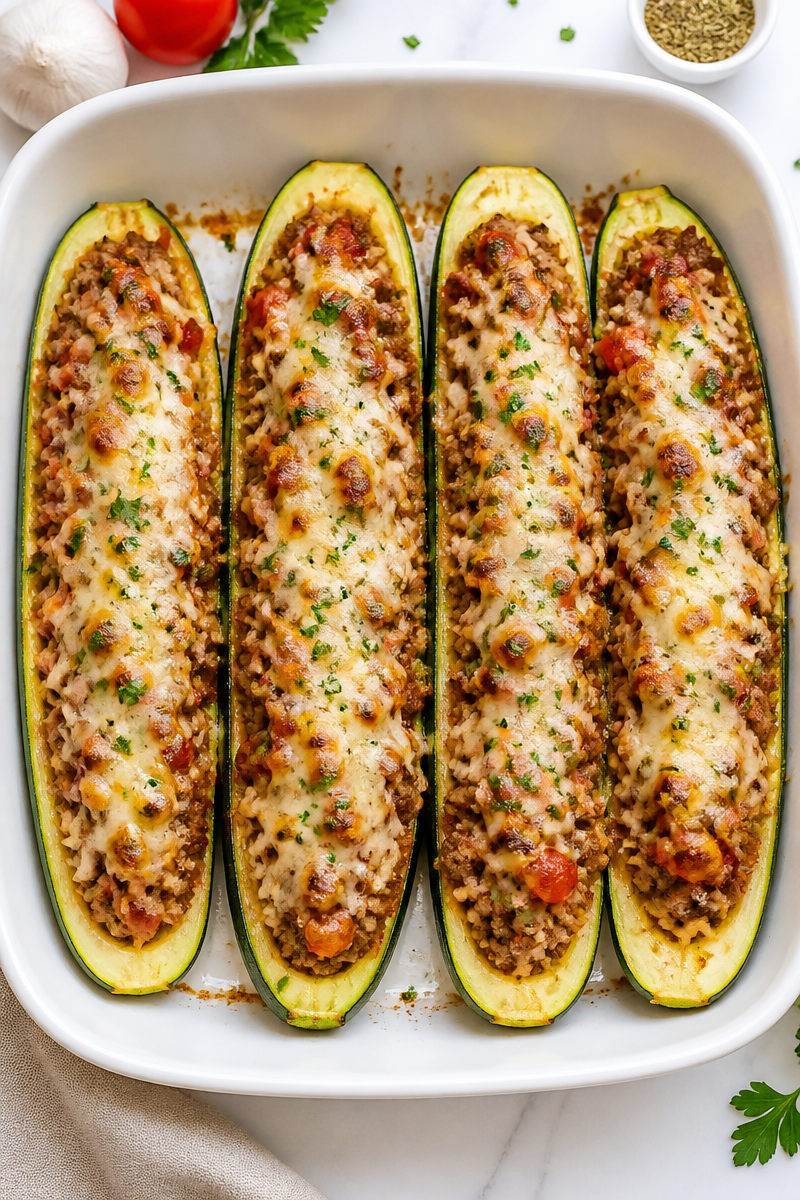 Classic Beef and Rice Stuffed Zucchini Boat