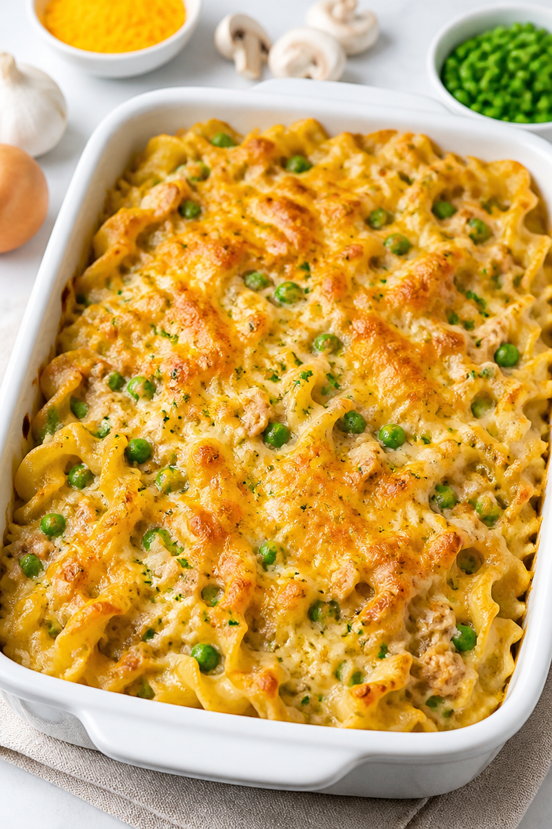 Creamy Mushroom and Tuna Noodle Bake