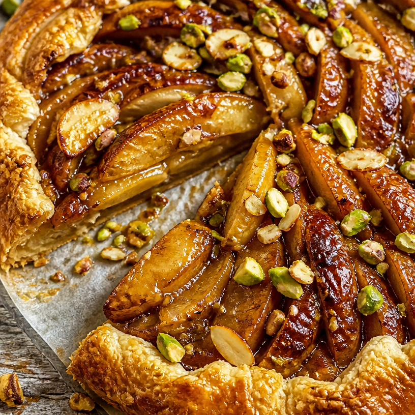 Tarte aux pommes caramélisées, pistaches et amandes