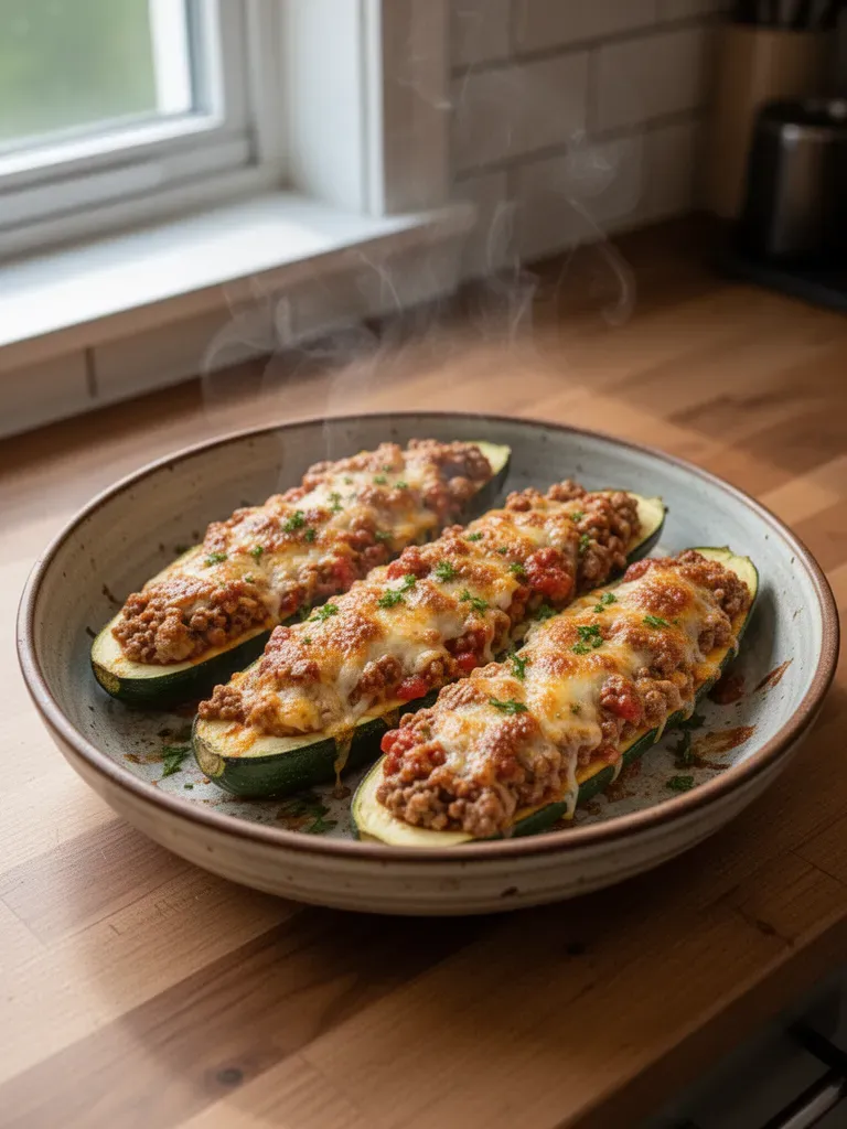 Cheesy Ground Beef Zucchini Boats