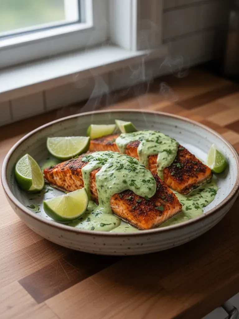 Baked Cajun Salmon with Creamy Avocado Lime Sauce