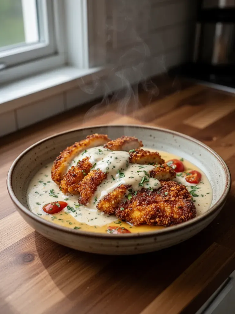 Crispy Parmesan Chicken with Creamy Garlic Sauce