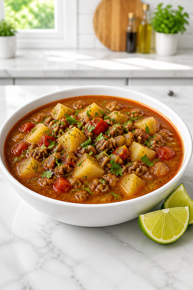 Mexican Ground Beef and Potato Soup with Cilantro