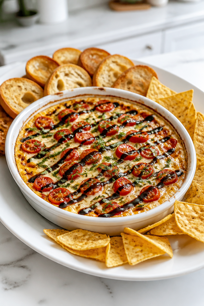 Baked Caprese Dip with Balsamic Glaze