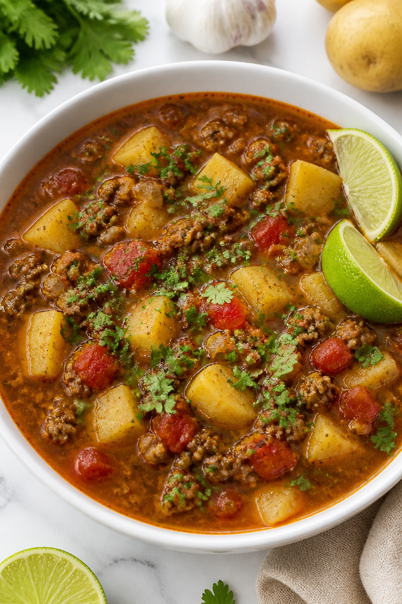Mexican Ground Beef and Potato Soup with Cilantro