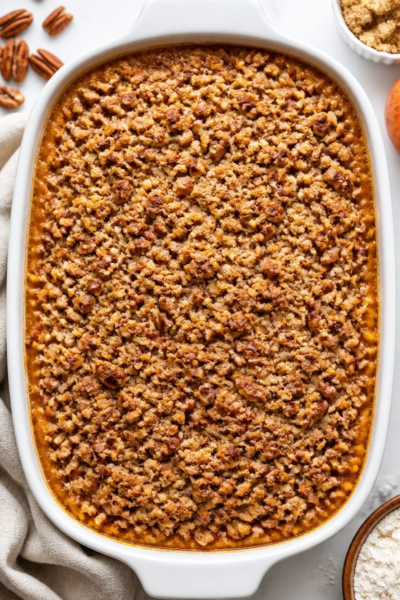 Southern Style Sweet Potato Casserole with Pecan Crumb