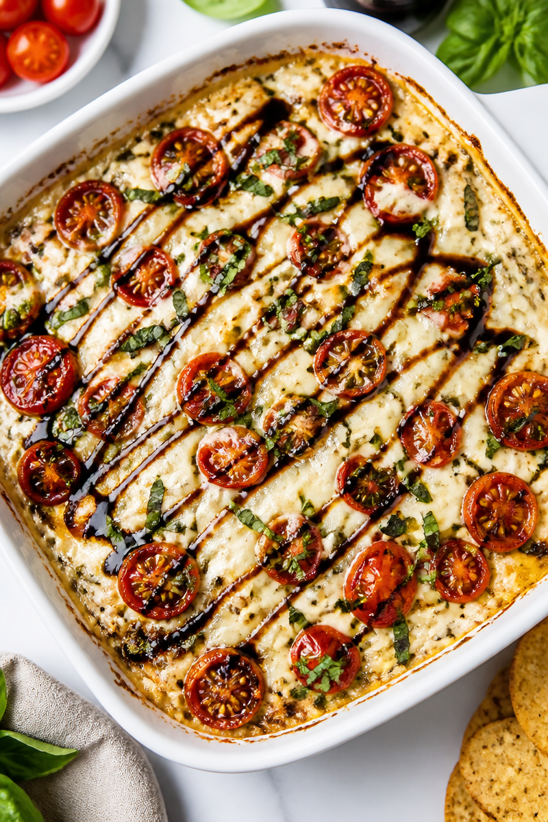 Baked Caprese Dip with Balsamic Glaze