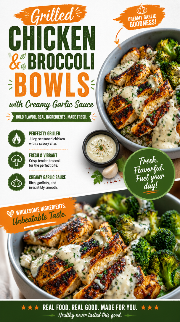 Grilled Chicken & Broccoli Bowls with Creamy Garlic Sauce