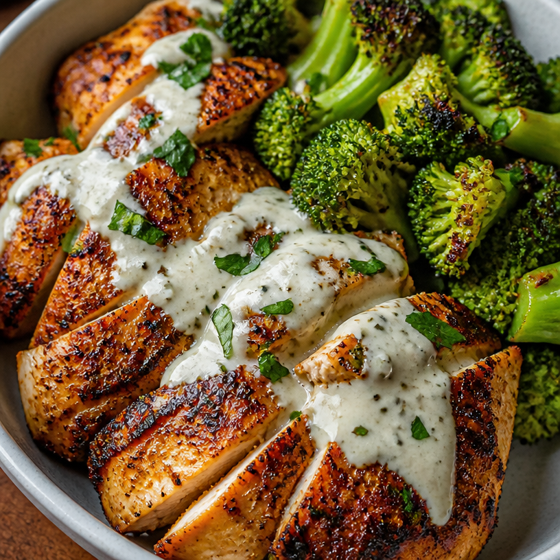 Grilled Chicken & Broccoli Bowls with Creamy Garlic Sauce