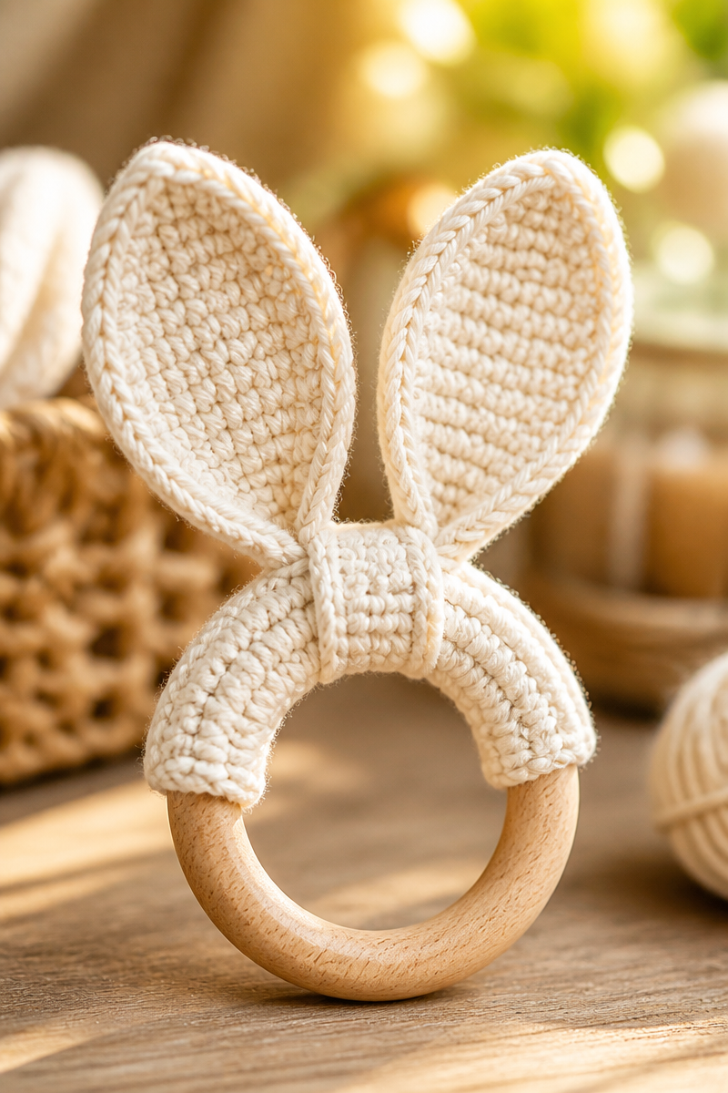 DIY Wooden Ring Crochet Baby Bunny Ear Teether Pattern