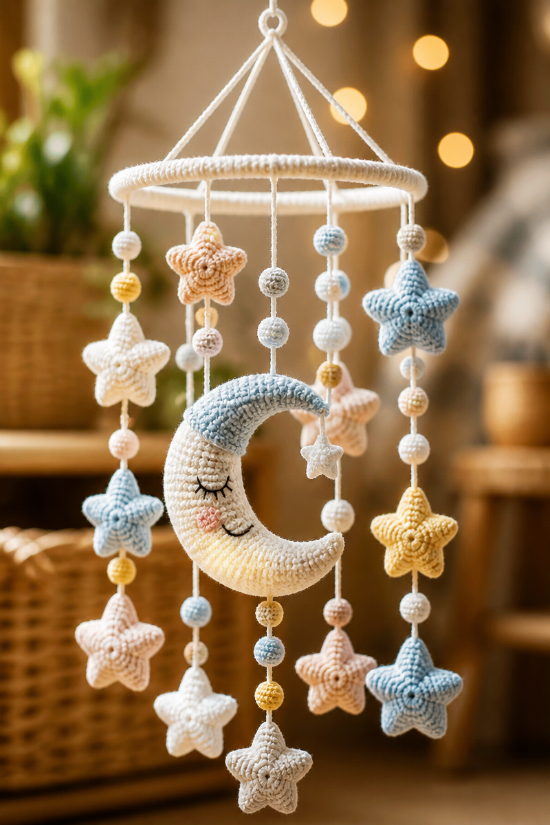 Sweet Star and Moon Crochet Baby Nursery Mobile Pattern