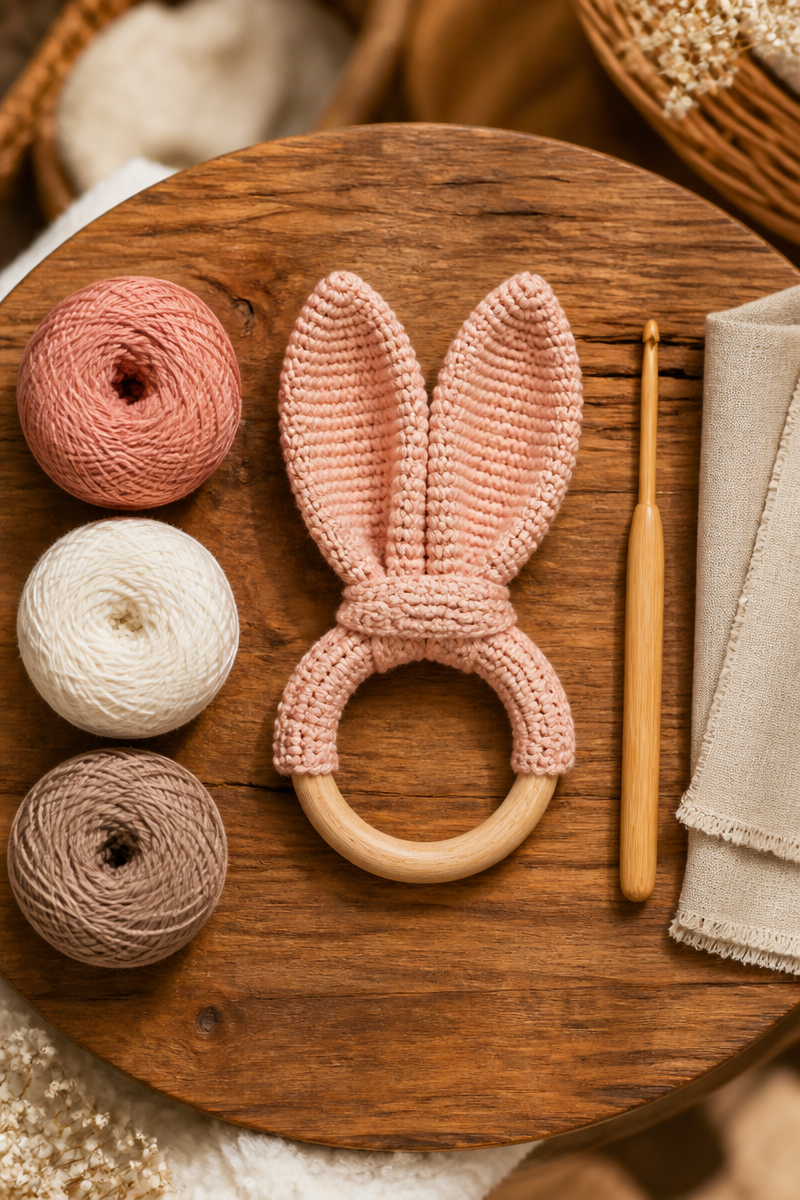 DIY Wooden Ring Crochet Baby Bunny Ear Teether Pattern