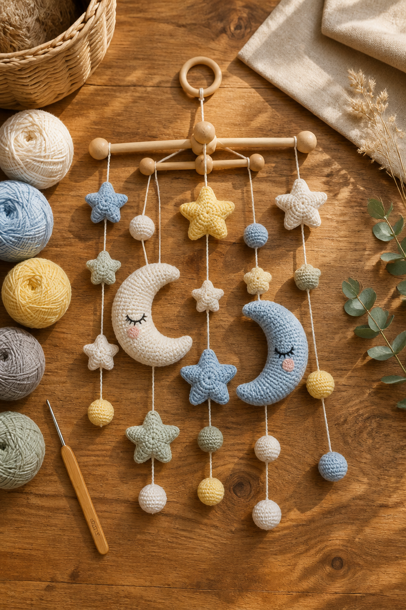 Sweet Star and Moon Crochet Baby Nursery Mobile Pattern