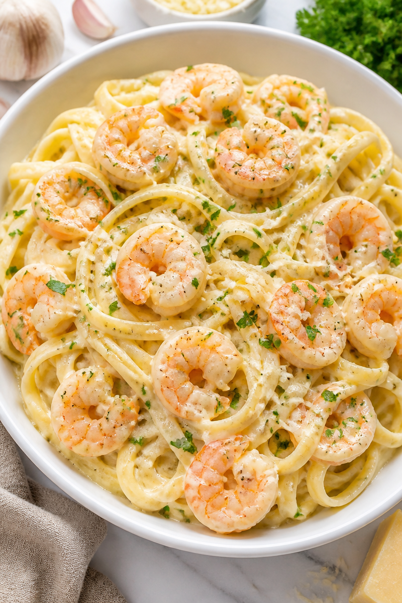 Shrimp Fettuccine Alfredo with Creamy Parmesan Sauce