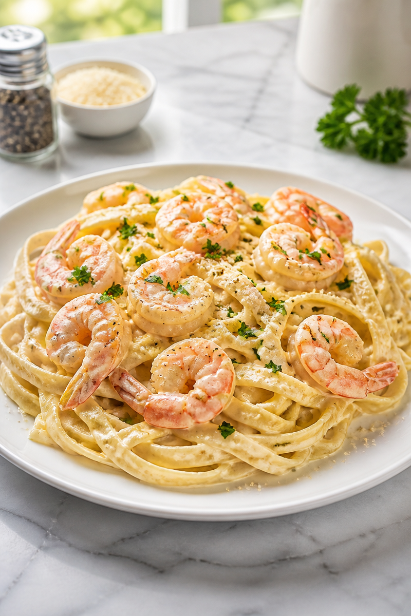 Shrimp Fettuccine Alfredo with Garlic and Parmesan