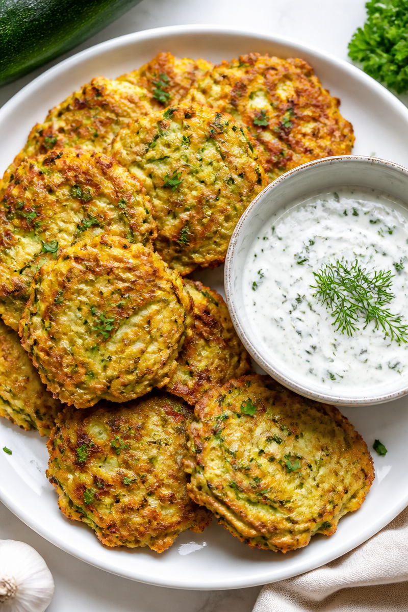 Crispy Zucchini Fritters with Garlic Herb Dip