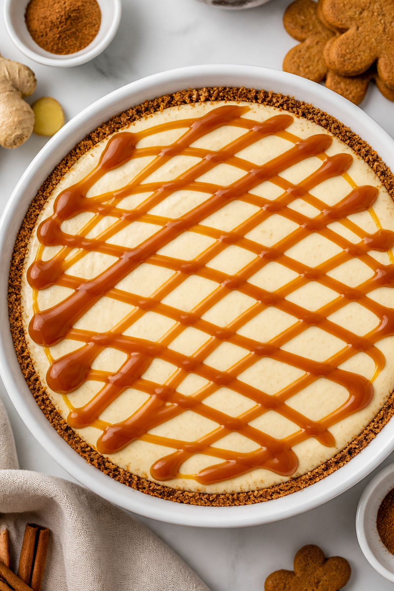 Gingerbread Cheesecake with Caramel Drizzle