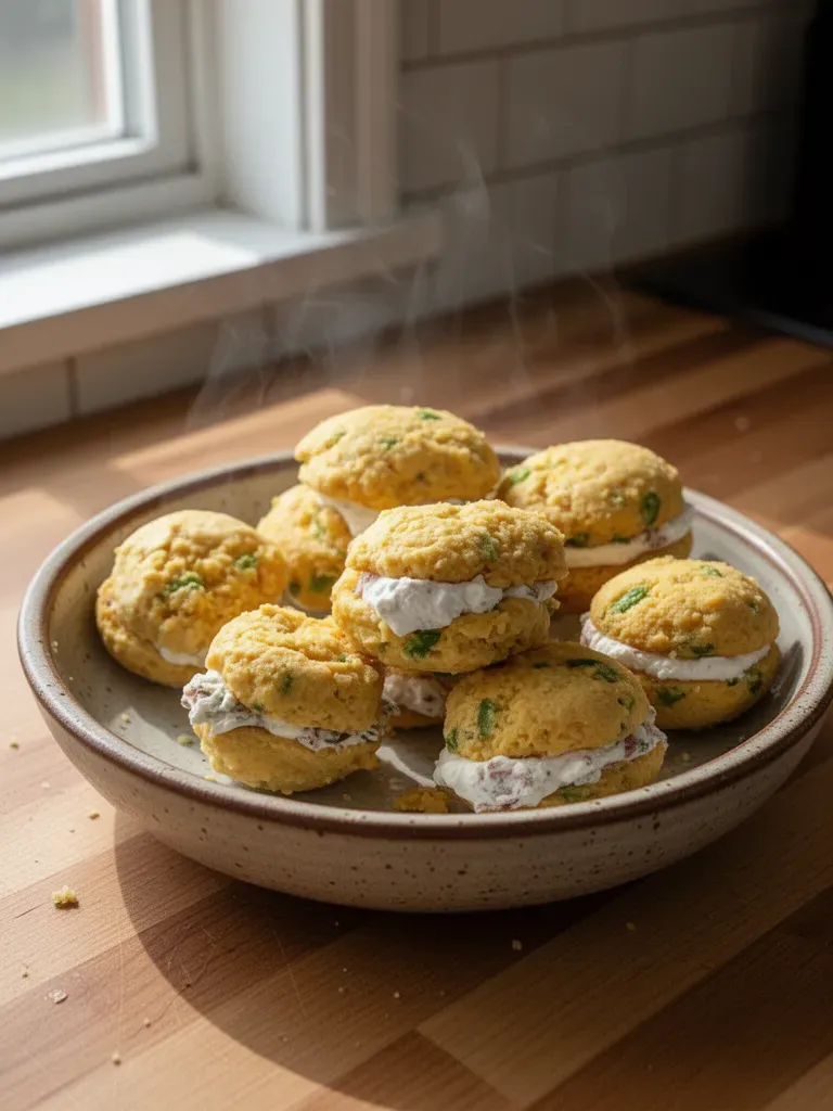 Jalapeno Cornbread Whoopie Pies with Bacon Goat Cheese Filling