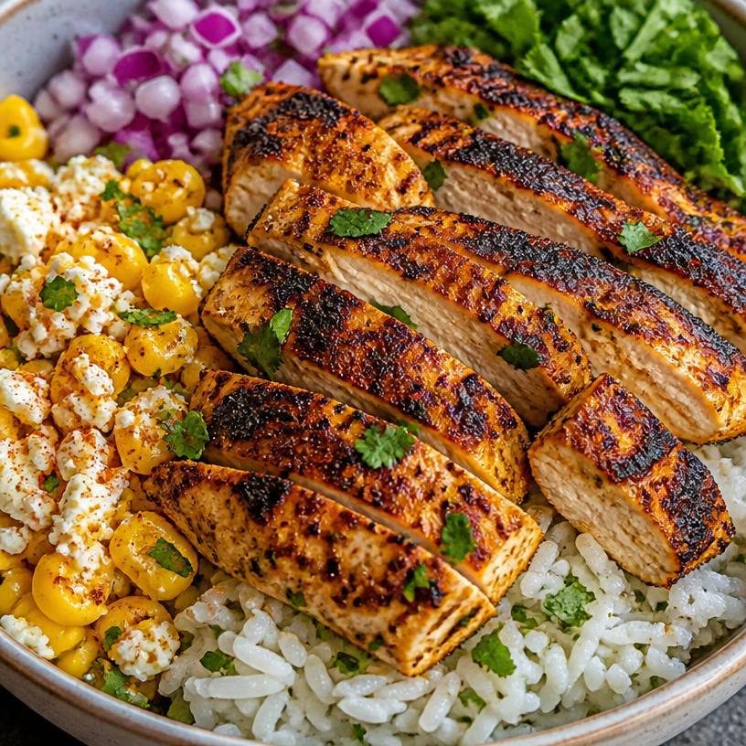 Grilled Chicken Bowl with Cilantro Lime Rice and Creamy Mexican Street Corn Salad