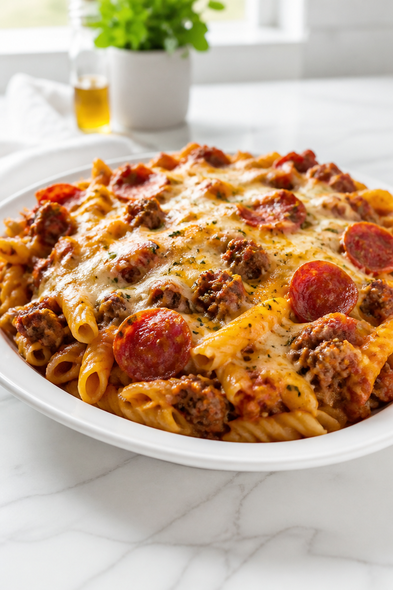 Meat Lovers Pizza Casserole with Pepperoni and Sausage Meat Lovers Pizza Casserole with Pepperoni and Sausage